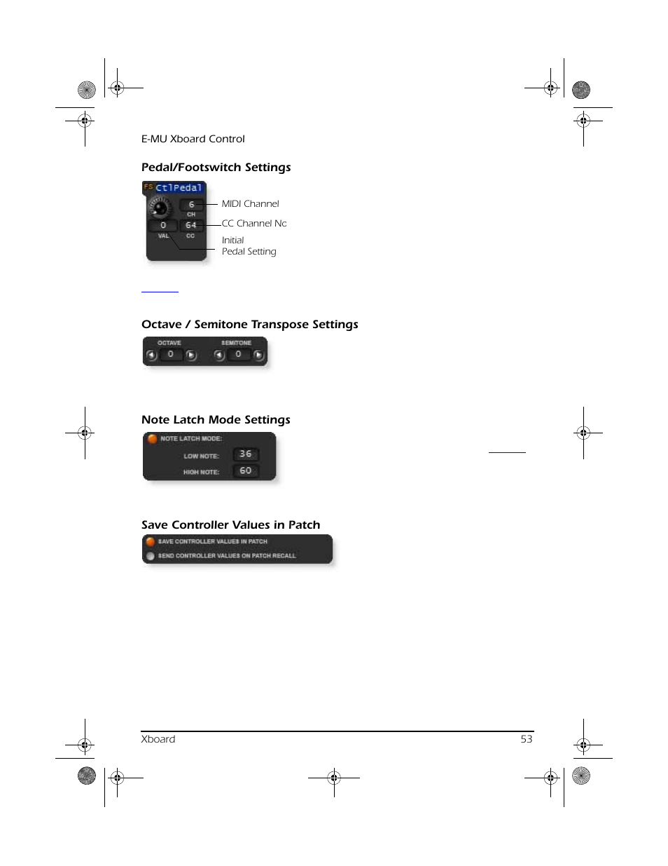 Pedal/footswitch settings, Octave / semitone transpose settings, Note latch mode settings | Save controller values in patch | CREATIVE X Board.book E-MU User Manual | Page 53 / 73