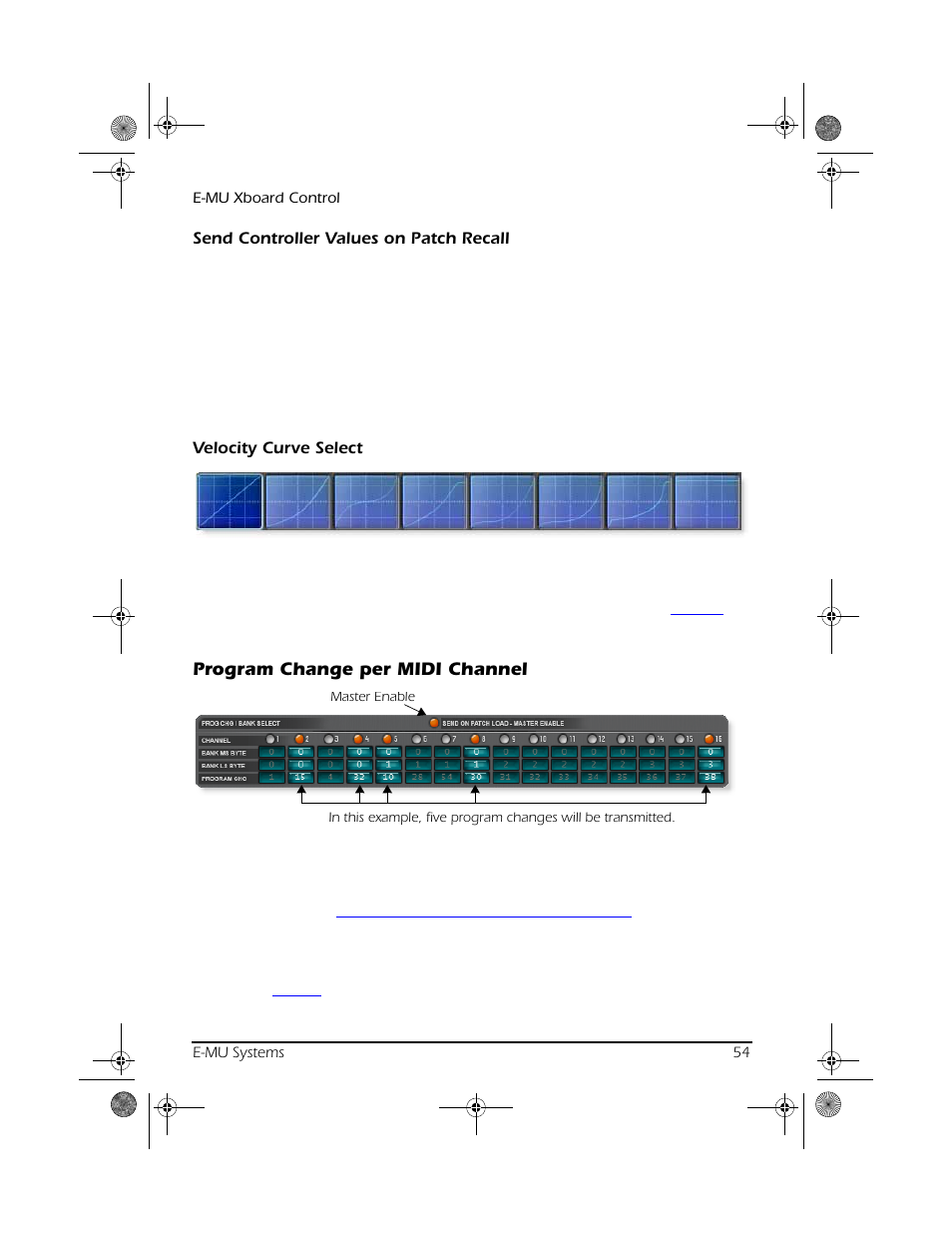 Send controller values on patch recall, Velocity curve select, Program change per midi channel | CREATIVE X Board.book E-MU User Manual | Page 54 / 73