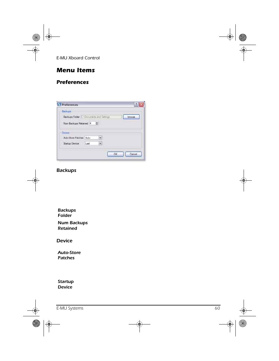 Menu items, Preferences, Backups | Device | CREATIVE X Board.book E-MU User Manual | Page 60 / 73