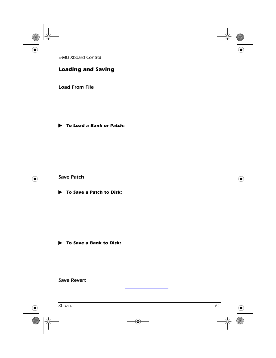Loading and saving, Load from file, Save patch | Save revert | CREATIVE X Board.book E-MU User Manual | Page 61 / 73