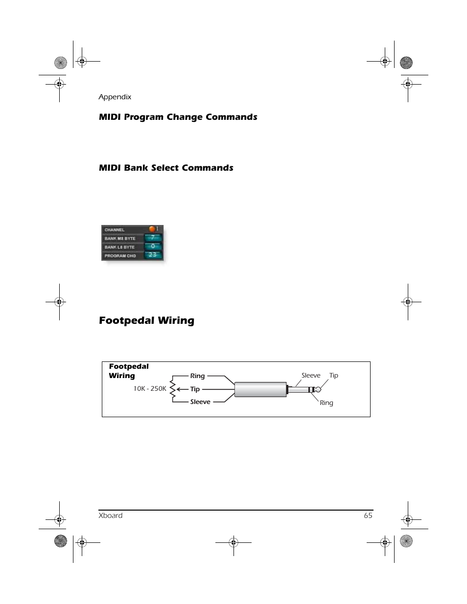Midi program change commands, Midi bank select commands, Footpedal wiring | CREATIVE X Board.book E-MU User Manual | Page 65 / 73