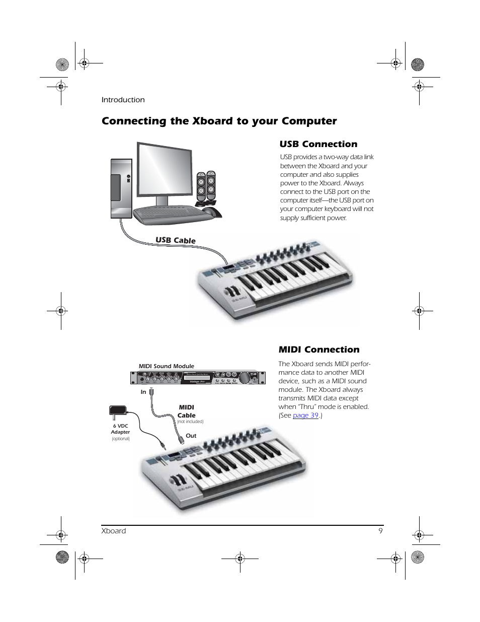 Connecting the xboard to your computer, Usb connection, Usb connection midi connection | Introduction xboard 9, Usb cable | CREATIVE X Board.book E-MU User Manual | Page 9 / 73