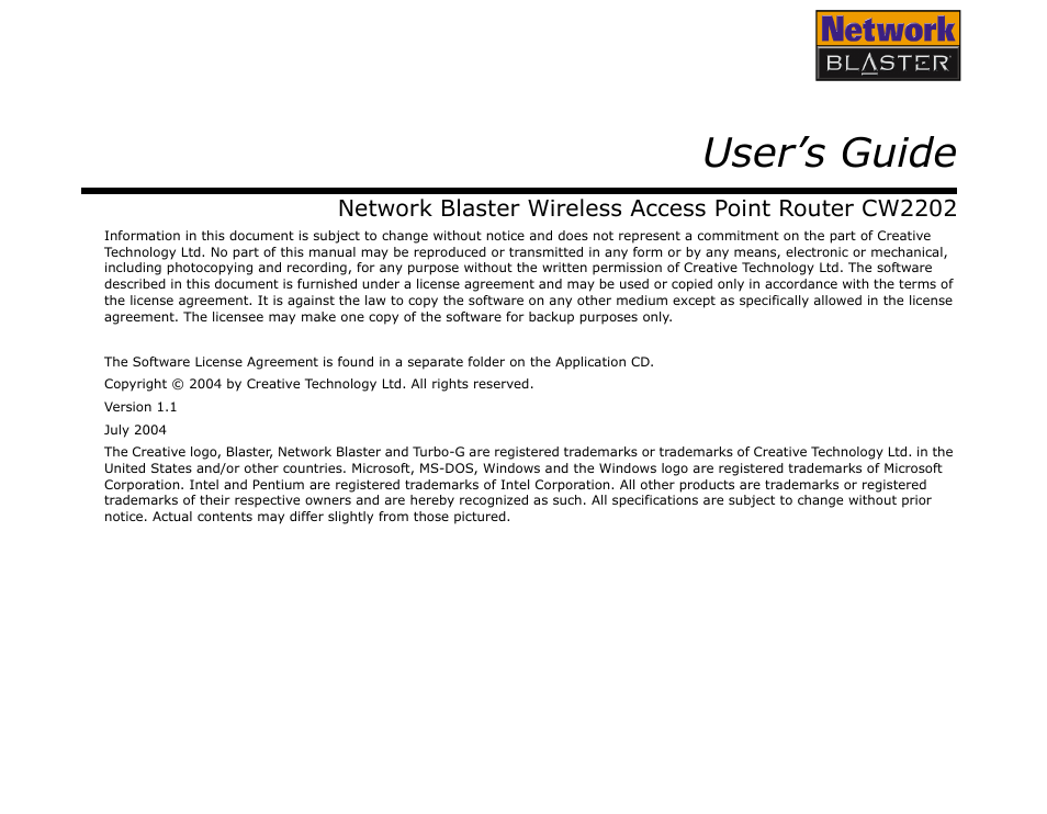 User’s guide | CREATIVE Network Blaster Wireless Access Point Router CW2202 User Manual | Page 2 / 65