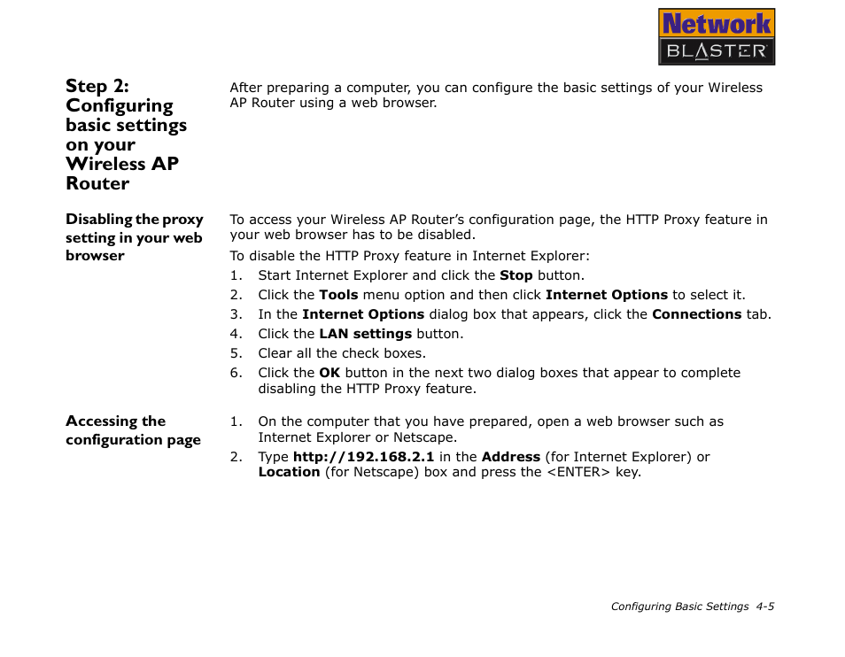 Disabling the proxy setting in your web browser, Et from a client, proceed to "accessing | CREATIVE Network Blaster Wireless Access Point Router CW2202 User Manual | Page 23 / 65