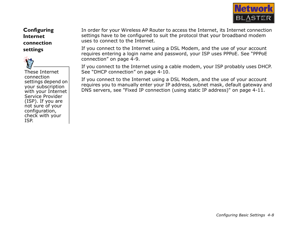 Configuring internet connection settings, Configuring internet connection settings -8 | CREATIVE Network Blaster Wireless Access Point Router CW2202 User Manual | Page 26 / 65