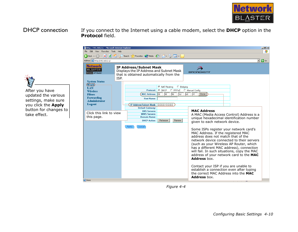 Dhcp connection | CREATIVE Network Blaster Wireless Access Point Router CW2202 User Manual | Page 28 / 65