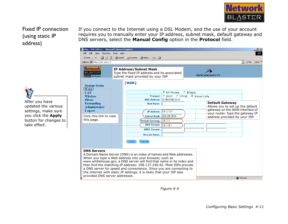 Fixed ip connection (using static ip address) | CREATIVE Network Blaster Wireless Access Point Router CW2202 User Manual | Page 29 / 65