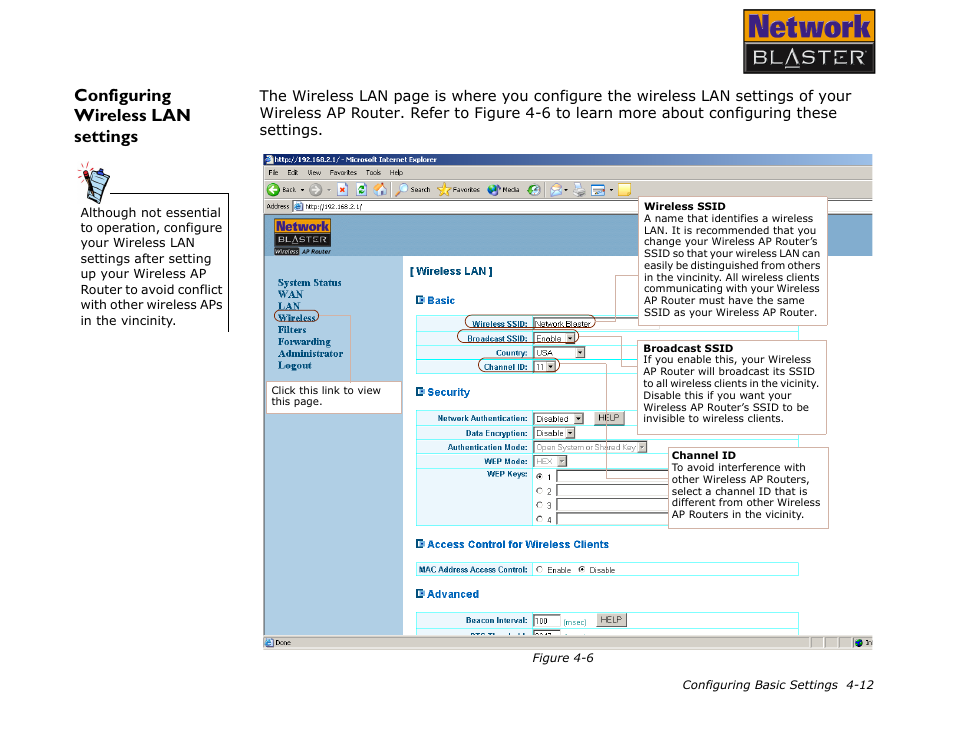 Configuring wireless lan settings, Configuring wireless lan settings -12 | CREATIVE Network Blaster Wireless Access Point Router CW2202 User Manual | Page 30 / 65