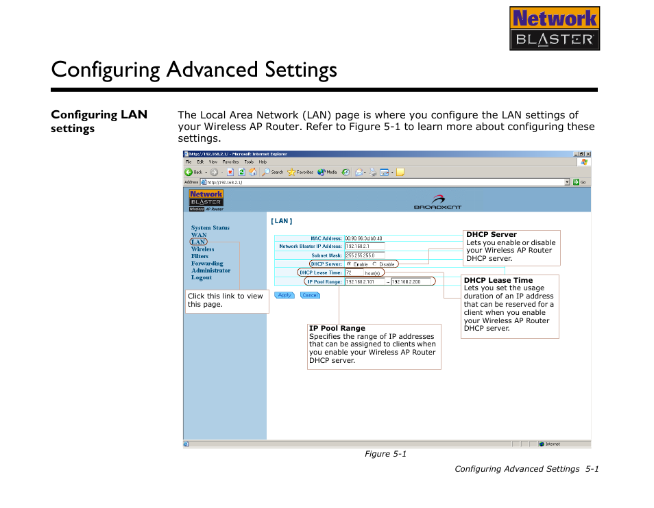 Configuring lan settings, Configuring lan settings -1, Configuring advanced settings | CREATIVE Network Blaster Wireless Access Point Router CW2202 User Manual | Page 35 / 65