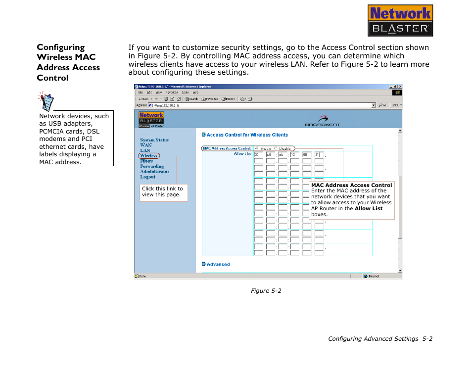 Configuring wireless mac address access control, Configuring wireless mac address access control -2 | CREATIVE Network Blaster Wireless Access Point Router CW2202 User Manual | Page 36 / 65
