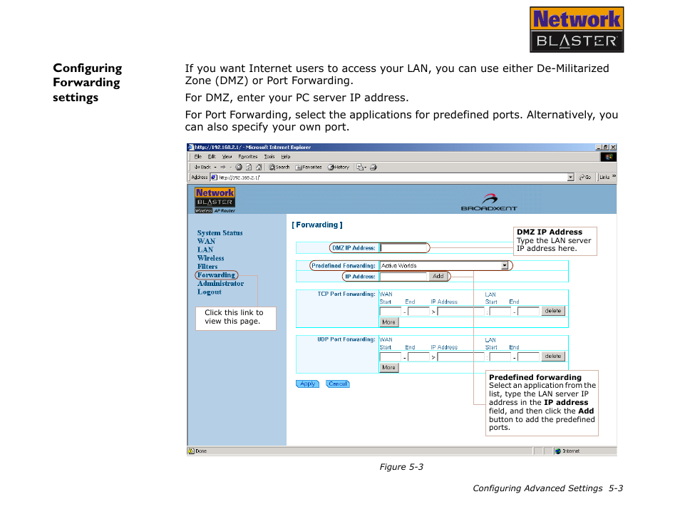 Configuring forwarding settings, Configuring forwarding settings -3 | CREATIVE Network Blaster Wireless Access Point Router CW2202 User Manual | Page 37 / 65
