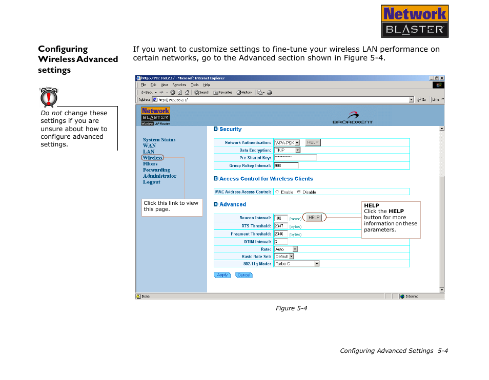 Configuring wireless advanced settings, Configuring wireless advanced settings -4 | CREATIVE Network Blaster Wireless Access Point Router CW2202 User Manual | Page 38 / 65