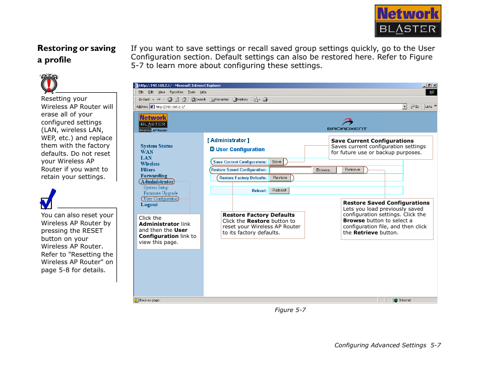 Restoring or saving a profile, Restoring or saving a profile -7 | CREATIVE Network Blaster Wireless Access Point Router CW2202 User Manual | Page 41 / 65