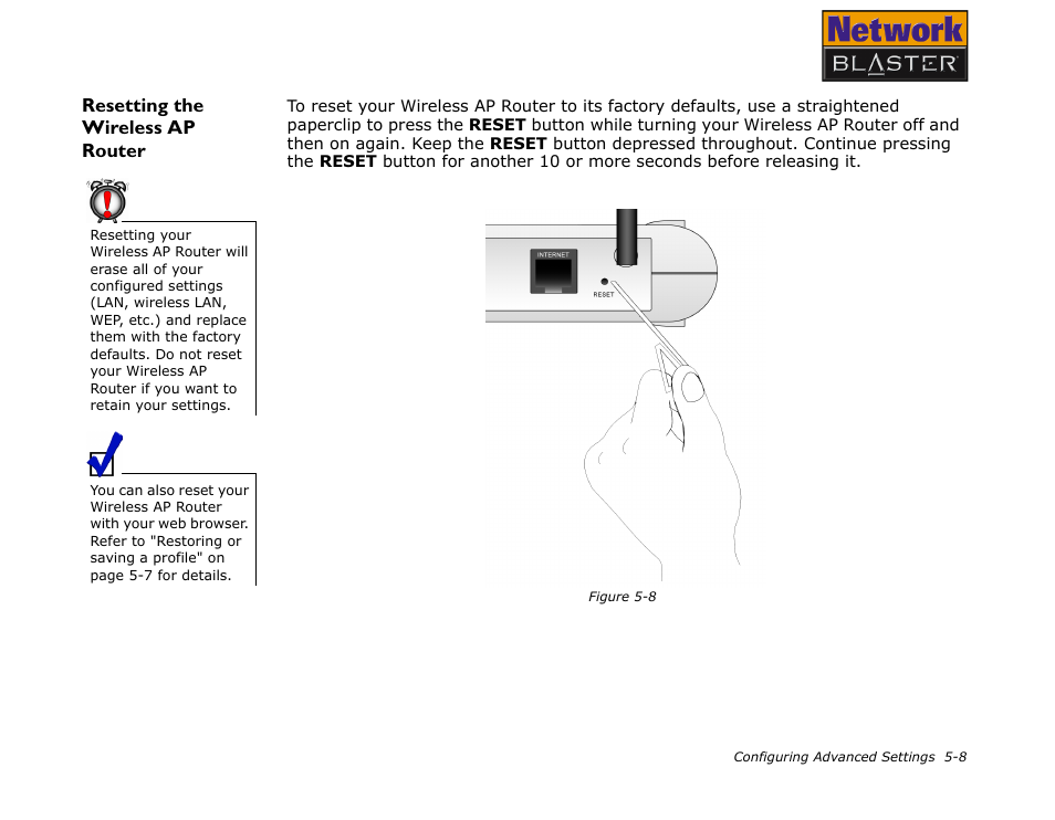 Resetting the wireless ap router, Resetting the wireless ap router -8 | CREATIVE Network Blaster Wireless Access Point Router CW2202 User Manual | Page 42 / 65