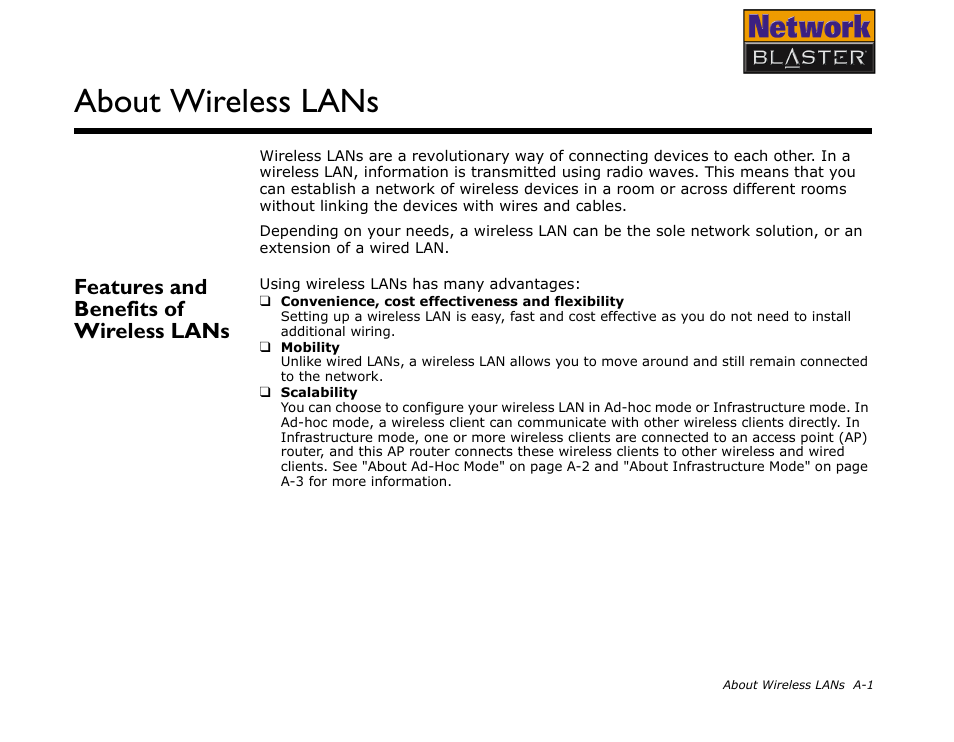Features and benefits of wireless lans, About wireless lans | CREATIVE Network Blaster Wireless Access Point Router CW2202 User Manual | Page 44 / 65