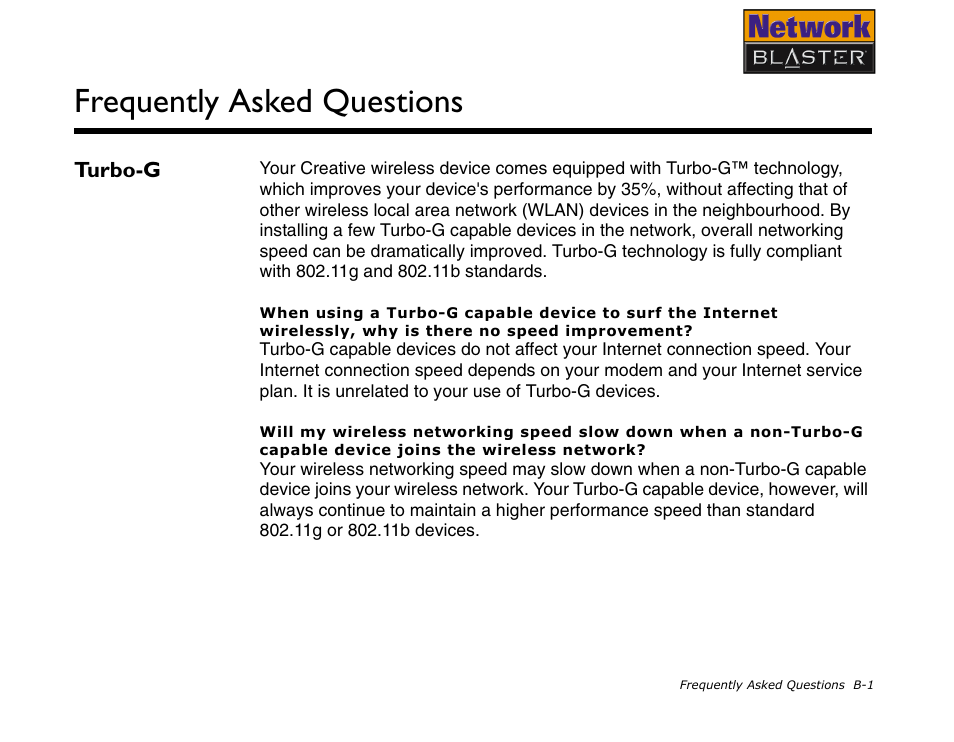 Turbo-g, Frequently asked questions | CREATIVE Network Blaster Wireless Access Point Router CW2202 User Manual | Page 49 / 65