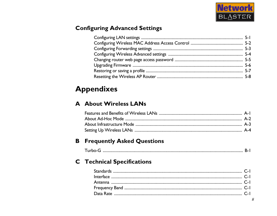 Appendixes | CREATIVE Network Blaster Wireless Access Point Router CW2202 User Manual | Page 5 / 65