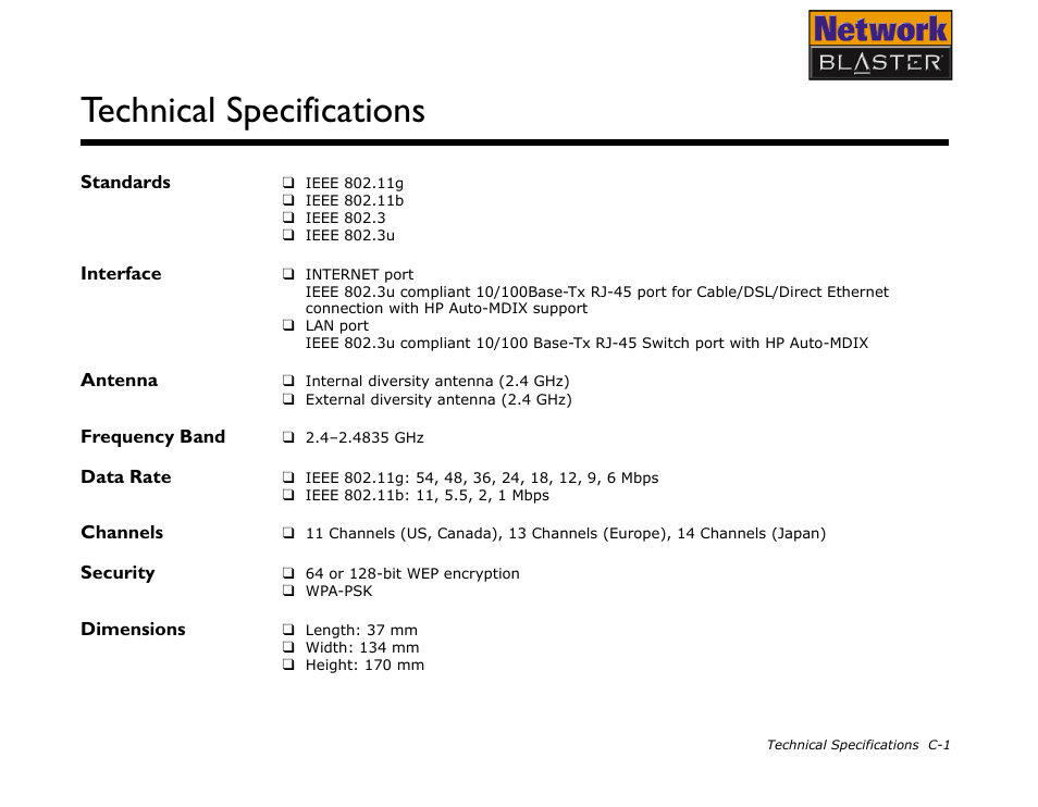 Standards, Interface, Antenna | Frequency band, Data rate, Channels, Security, Dimensions, Technical specifications | CREATIVE Network Blaster Wireless Access Point Router CW2202 User Manual | Page 52 / 65