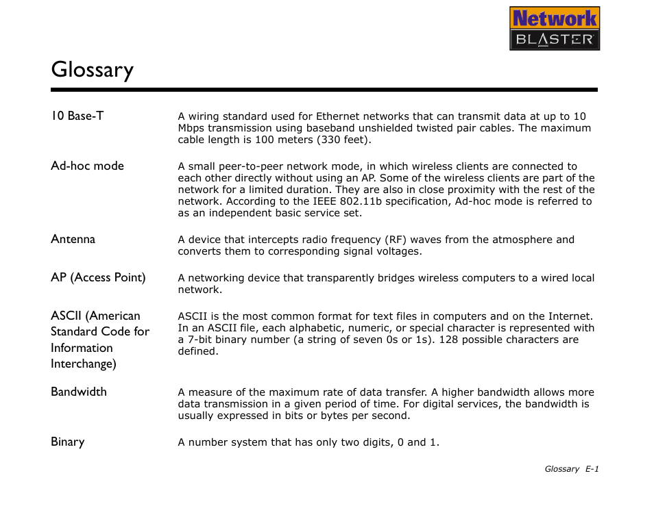 10 base-t, Ad-hoc mode, Antenna | Ap (access point), Bandwidth, Binary, Glossary | CREATIVE Network Blaster Wireless Access Point Router CW2202 User Manual | Page 54 / 65