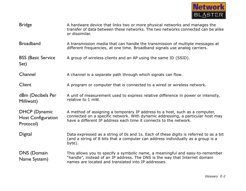 Bridge, Broadband, Bss (basic service set) | Channel, Client, Dbm (decibels per milliwatt), Dhcp (dynamic host configuration protocol), Digital, Dns (domain name system) | CREATIVE Network Blaster Wireless Access Point Router CW2202 User Manual | Page 55 / 65