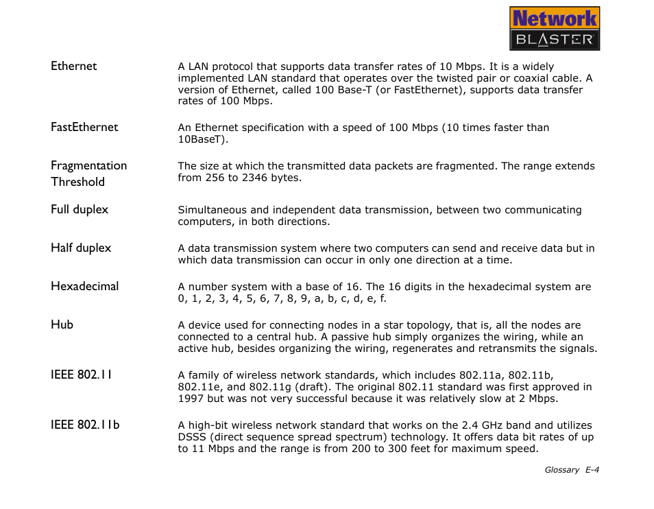 Ethernet, Fastethernet, Fragmentation threshold | Full duplex, Half duplex, Hexadecimal, Ieee 802.11, Ieee 802.11b | CREATIVE Network Blaster Wireless Access Point Router CW2202 User Manual | Page 57 / 65