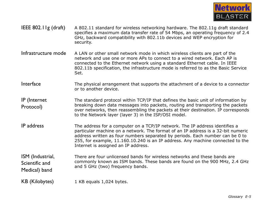 Ieee 802.11g (draft), Infrastructure mode, Interface | Ip (internet protocol), Ip address, Ism (industrial, scientific and medical) band, Kb (kilobytes) | CREATIVE Network Blaster Wireless Access Point Router CW2202 User Manual | Page 58 / 65