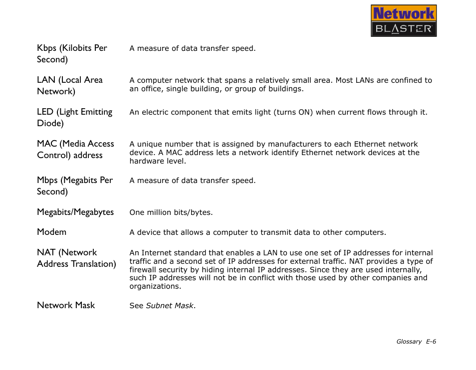 Kbps (kilobits per second), Lan (local area network), Led (light emitting diode) | Mac (media access control) address, Mbps (megabits per second), Megabits/megabytes, Modem, Nat (network address translation), Network mask | CREATIVE Network Blaster Wireless Access Point Router CW2202 User Manual | Page 59 / 65