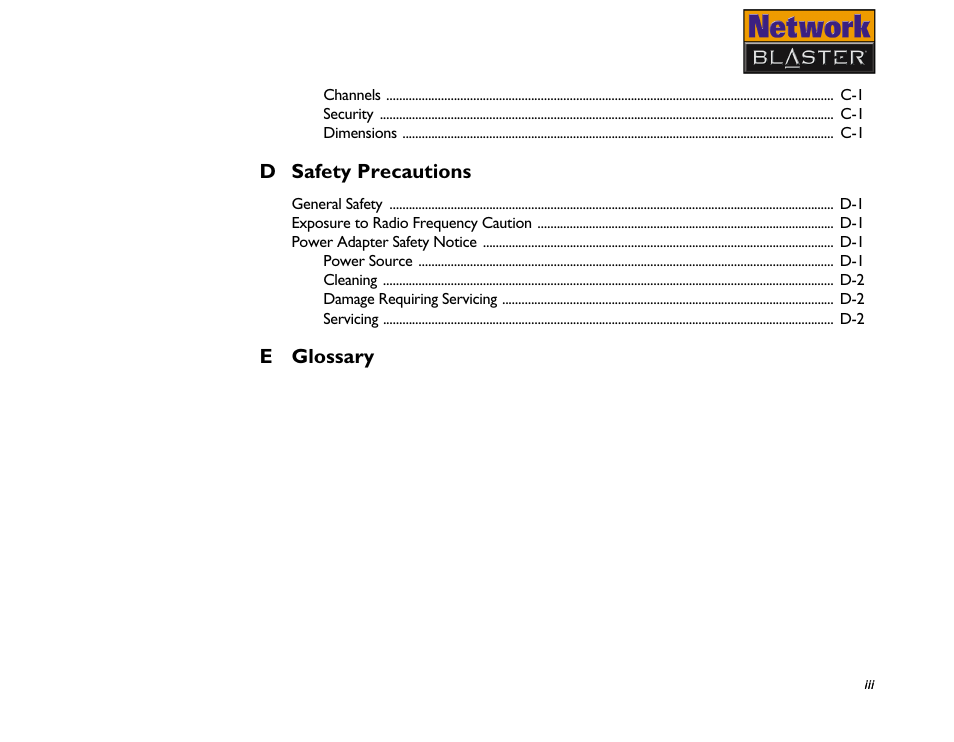 D safety precautions, E glossary | CREATIVE Network Blaster Wireless Access Point Router CW2202 User Manual | Page 6 / 65