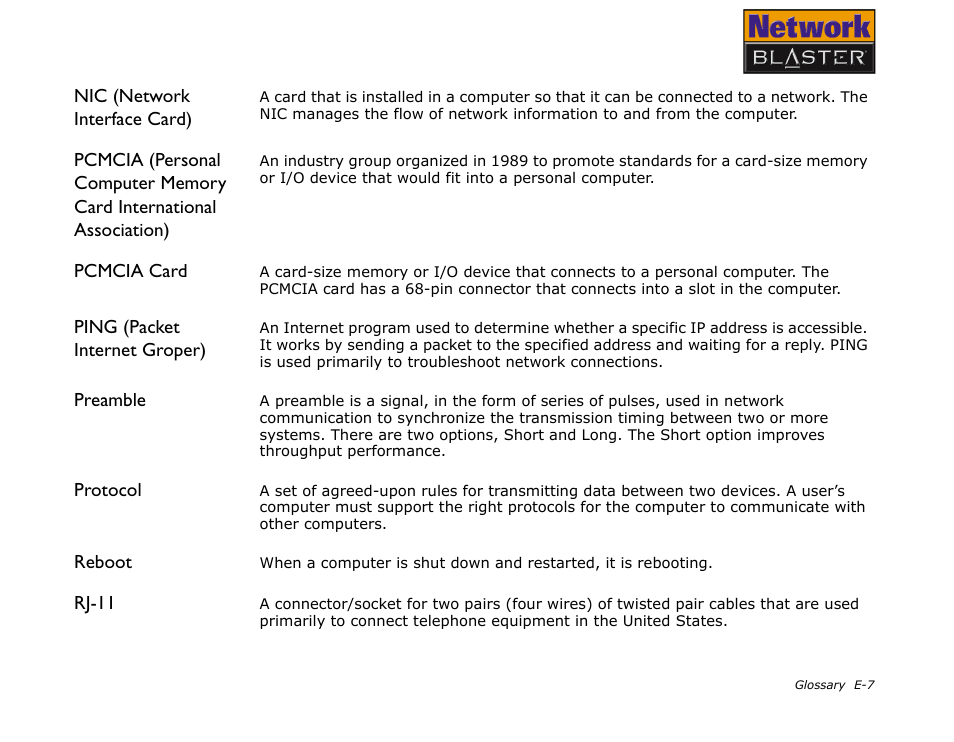 Nic (network interface card), Pcmcia card, Ping (packet internet groper) | Preamble, Protocol, Reboot, Rj-11 | CREATIVE Network Blaster Wireless Access Point Router CW2202 User Manual | Page 60 / 65
