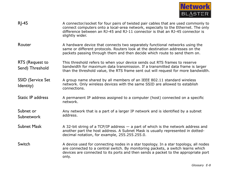 Rj-45, Router, Rts (request to send) threshold | Ssid (service set identity), Static ip address, Subnet or subnetwork, Subnet mask, Switch | CREATIVE Network Blaster Wireless Access Point Router CW2202 User Manual | Page 61 / 65