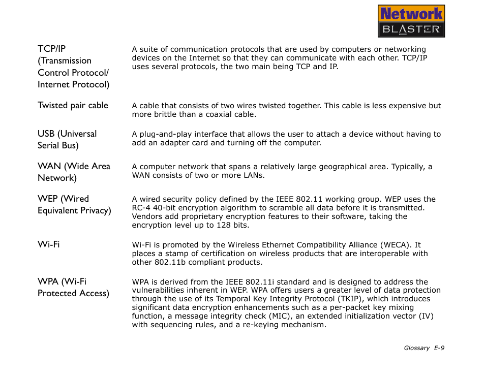 Twisted pair cable, Usb (universal serial bus), Wan (wide area network) | Wep (wired equivalent privacy), Wi-fi, Wpa (wi-fi protected access) | CREATIVE Network Blaster Wireless Access Point Router CW2202 User Manual | Page 62 / 65