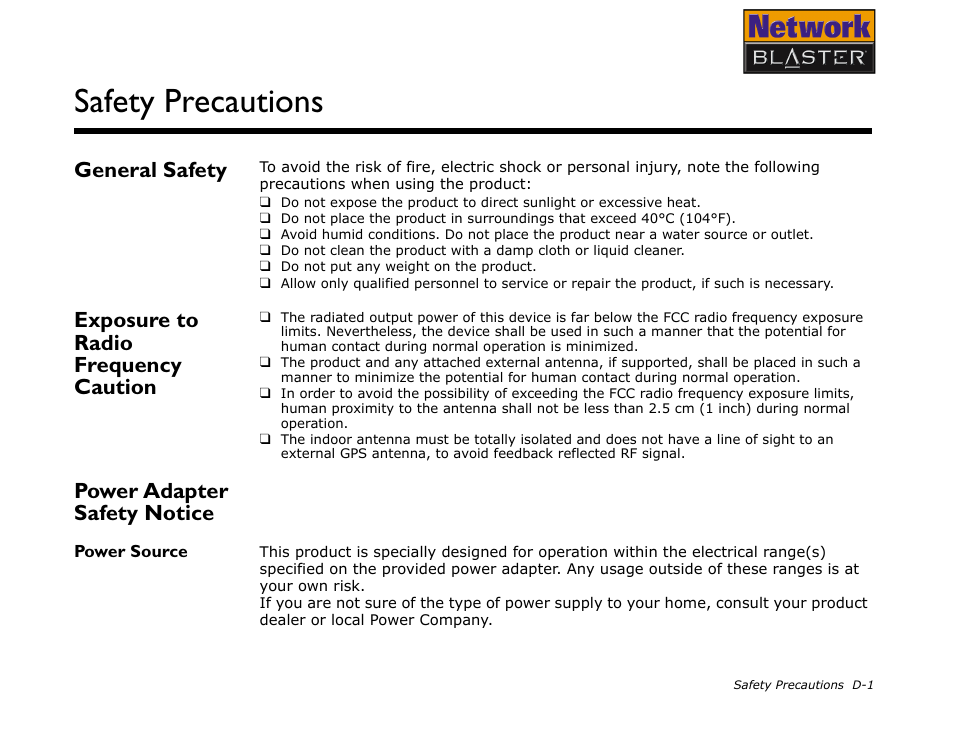 General safety, Exposure to radio frequency caution, Power adapter safety notice | Power source, Safety precautions | CREATIVE Network Blaster Wireless Access Point Router CW2202 User Manual | Page 64 / 65
