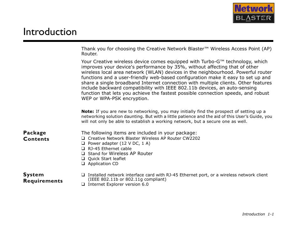 Package contents, System requirements, Package contents -1 system requirements -1 | Introduction | CREATIVE Network Blaster Wireless Access Point Router CW2202 User Manual | Page 8 / 65