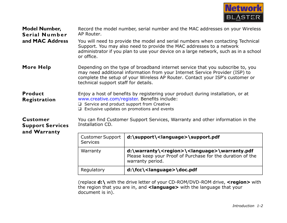 Model number, serial number and mac address, More help, Product registration | Customer support services and warranty | CREATIVE Network Blaster Wireless Access Point Router CW2202 User Manual | Page 9 / 65