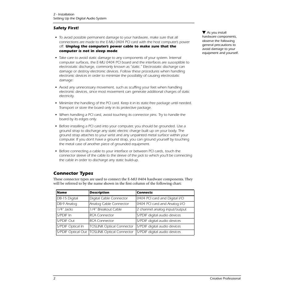 Safety first, Connector types | E-MU 0404 PCI User Manual | Page 10 / 96