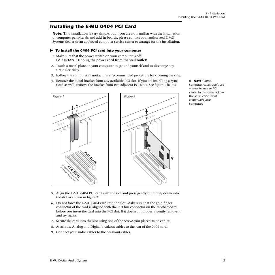 Installing the e-mu 0404 pci card | E-MU 0404 PCI User Manual | Page 11 / 96