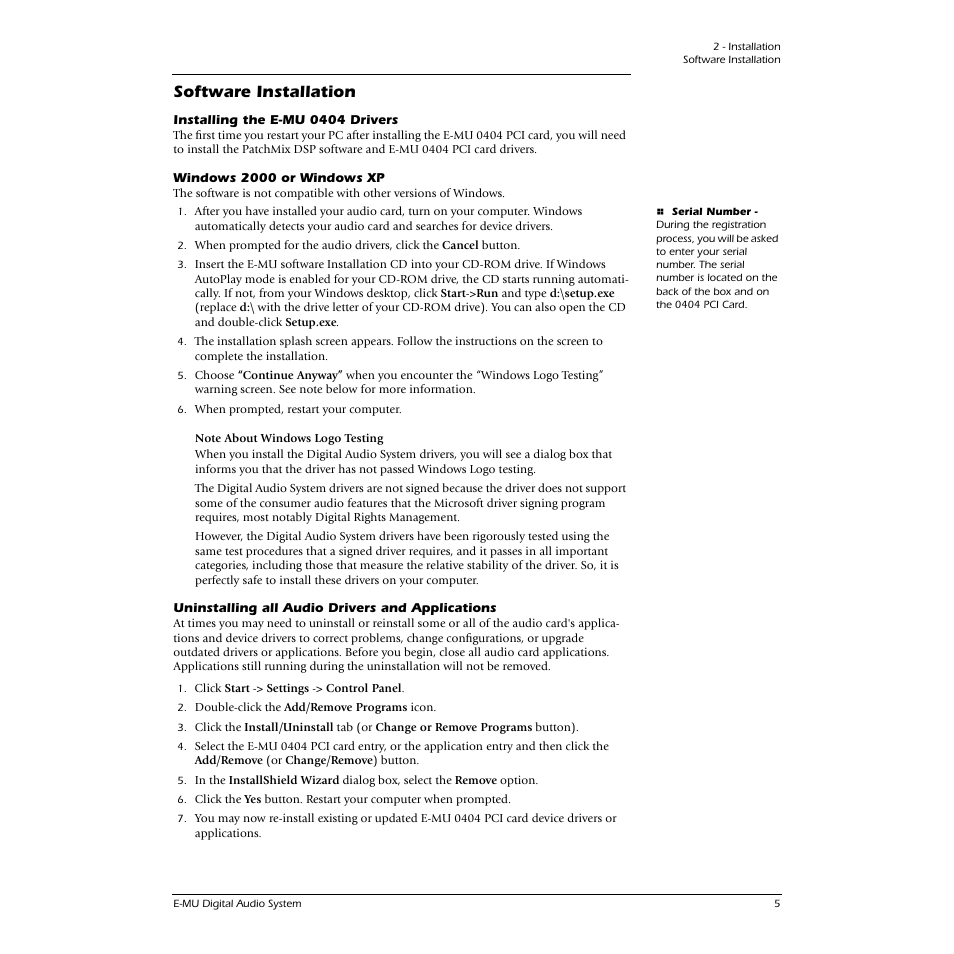 Software installation, Installing the e-mu 0404 drivers, Windows 2000 or windows xp | Uninstalling all audio drivers and applications | E-MU 0404 PCI User Manual | Page 13 / 96