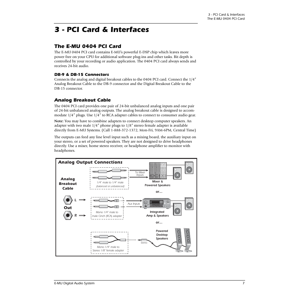 3 - pci card & interfaces, The e-mu 0404 pci card, Db-9 & db-15 connectors | Analog breakout cable | E-MU 0404 PCI User Manual | Page 15 / 96