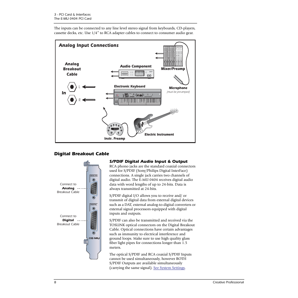 Digital breakout cable, S/pdif digital audio input & output | E-MU 0404 PCI User Manual | Page 16 / 96