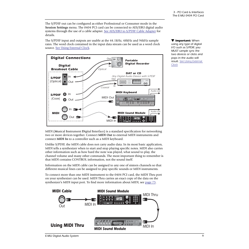 Using midi thru, Midi in midi thru midi in midi cable out | E-MU 0404 PCI User Manual | Page 17 / 96