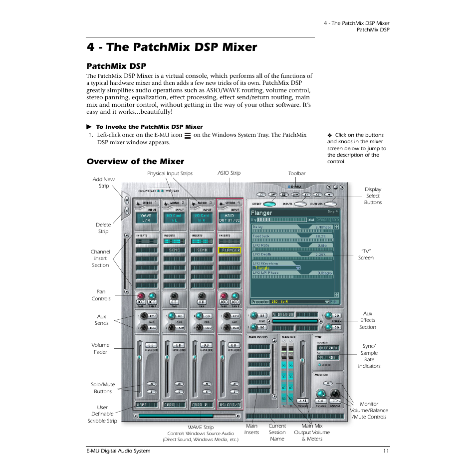 4 - the patchmix dsp mixer, Patchmix dsp, Overview of the mixer | Patchmix dsp overview of the mixer | E-MU 0404 PCI User Manual | Page 19 / 96