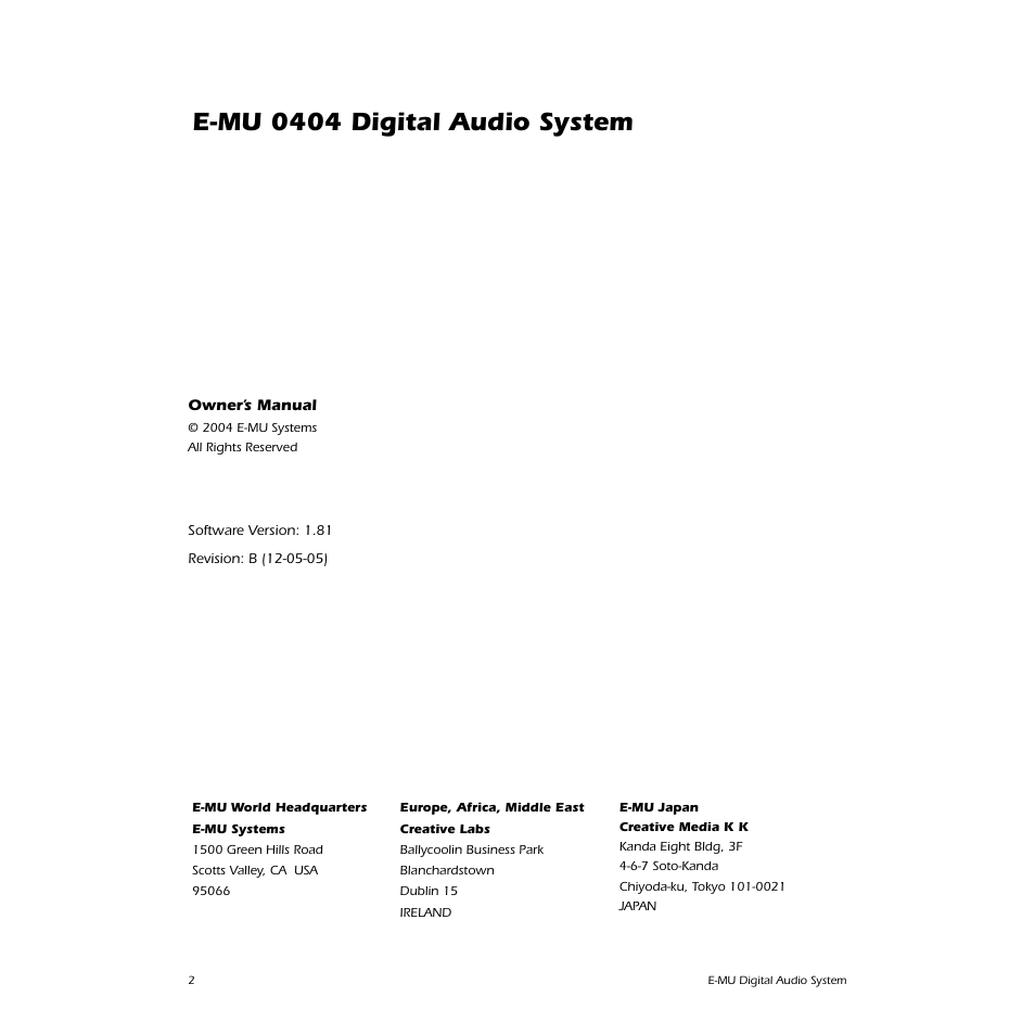 E-mu 0404 digital audio system | E-MU 0404 PCI User Manual | Page 2 / 96
