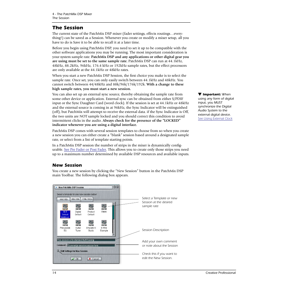 The session, New session, Calls up the “new session” dialog box | E-MU 0404 PCI User Manual | Page 22 / 96