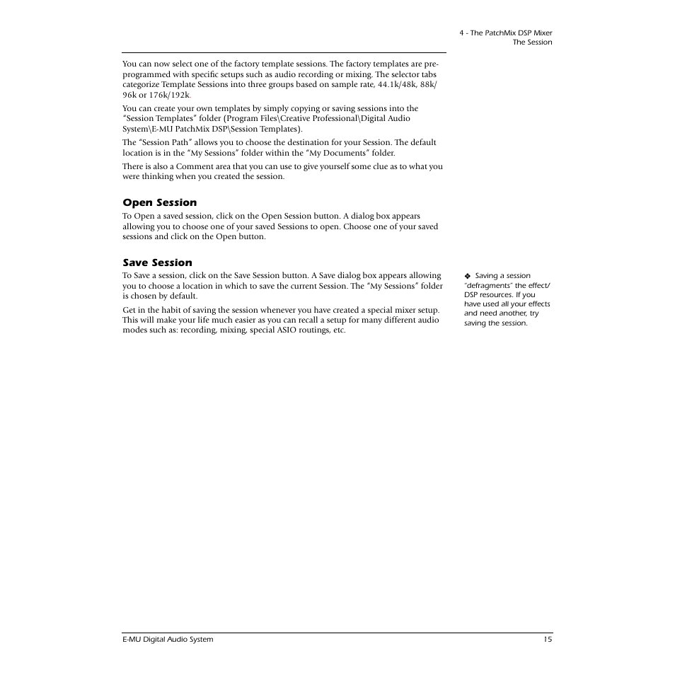 Open session, Save session, Open session save session | E-MU 0404 PCI User Manual | Page 23 / 96