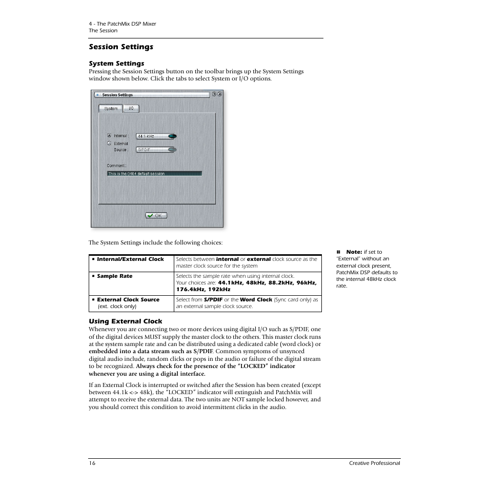 Session settings, System settings, Using external clock | System settings using external clock, Esult, See using external, Clock, See using external clock | E-MU 0404 PCI User Manual | Page 24 / 96