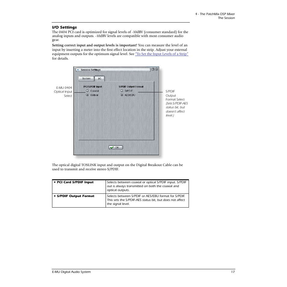 I/o settings | E-MU 0404 PCI User Manual | Page 25 / 96