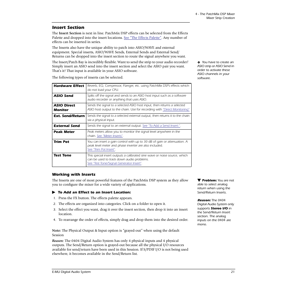 Insert section, Working with inserts | E-MU 0404 PCI User Manual | Page 29 / 96