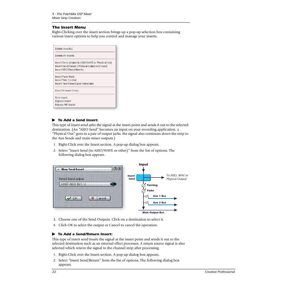 The insert menu, Sends the signal to an external output, See “to add a send insert | E-MU 0404 PCI User Manual | Page 30 / 96