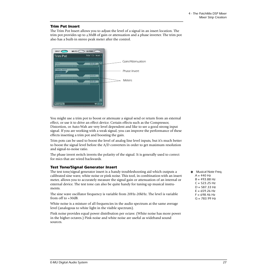 Trim pot insert, Test tone/signal generator insert, Trim pot insert test tone/signal generator insert | See “trim pot insert, See “test tone/signal generator insert | E-MU 0404 PCI User Manual | Page 35 / 96