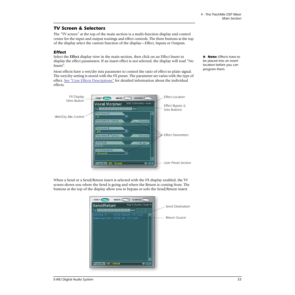 Tv screen & selectors, Effect | E-MU 0404 PCI User Manual | Page 41 / 96